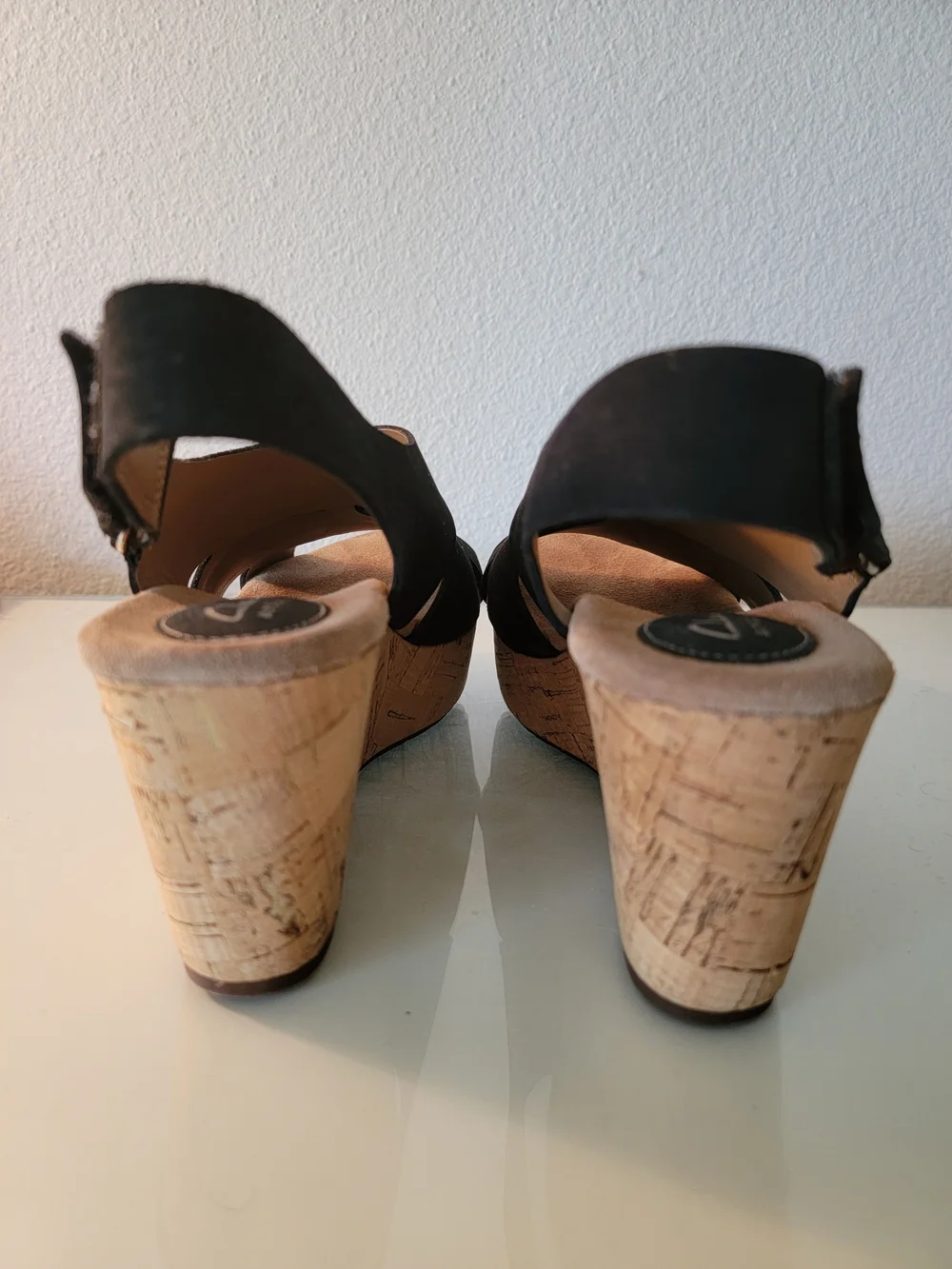 Clarks Artisan Black Suede Cork Wedge Slingback Sandals